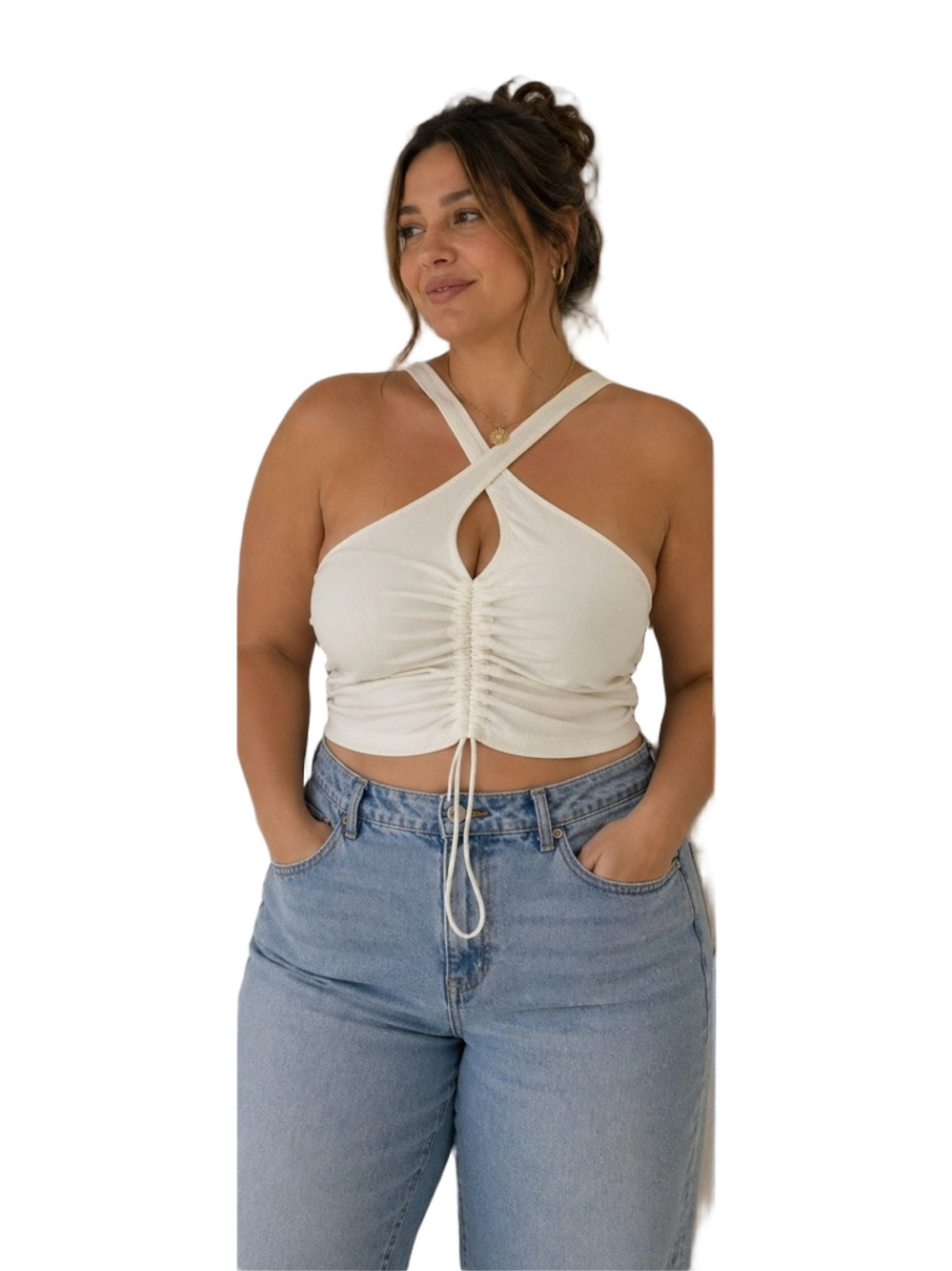 paperoc Women’s White Ruched Front Tank Top